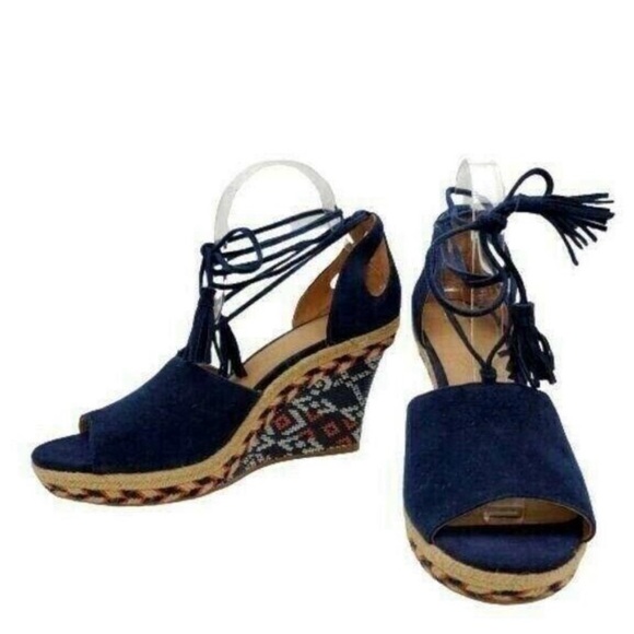 NEW Cabi Navy Suede Lace-Up Wedge Espadrilles – Tribal Pattern – Size 10M – New - Picture 11 of 14
